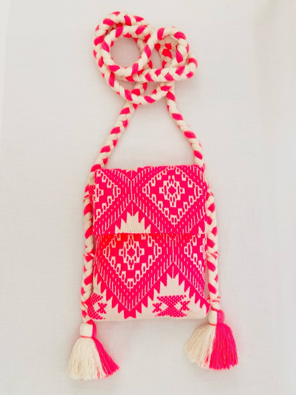 Merona Woven Knit Crossbody Bag in Neon Pink & Cream with Tassels
